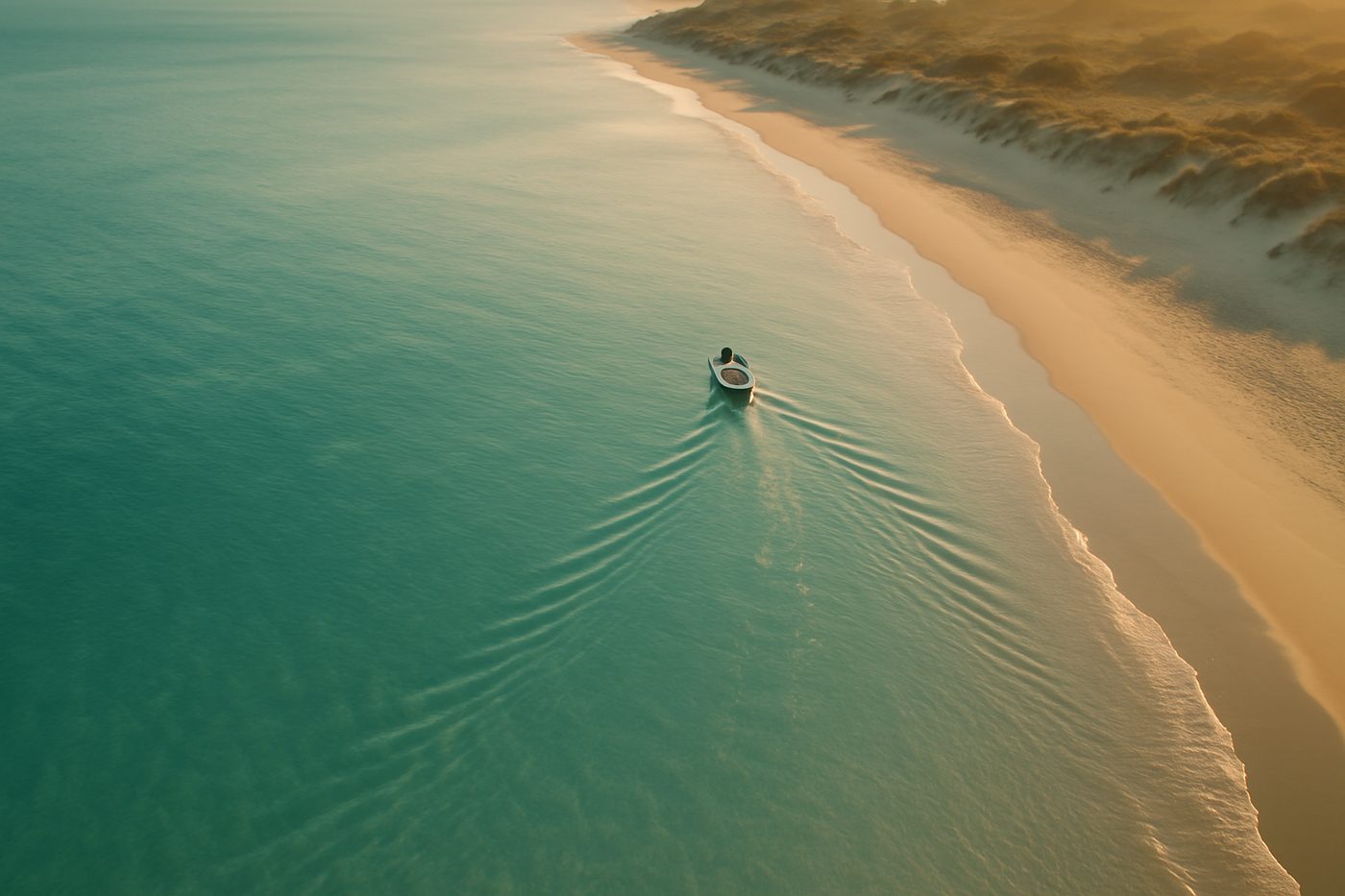 A turquoise coastline photographed from above at golden hour